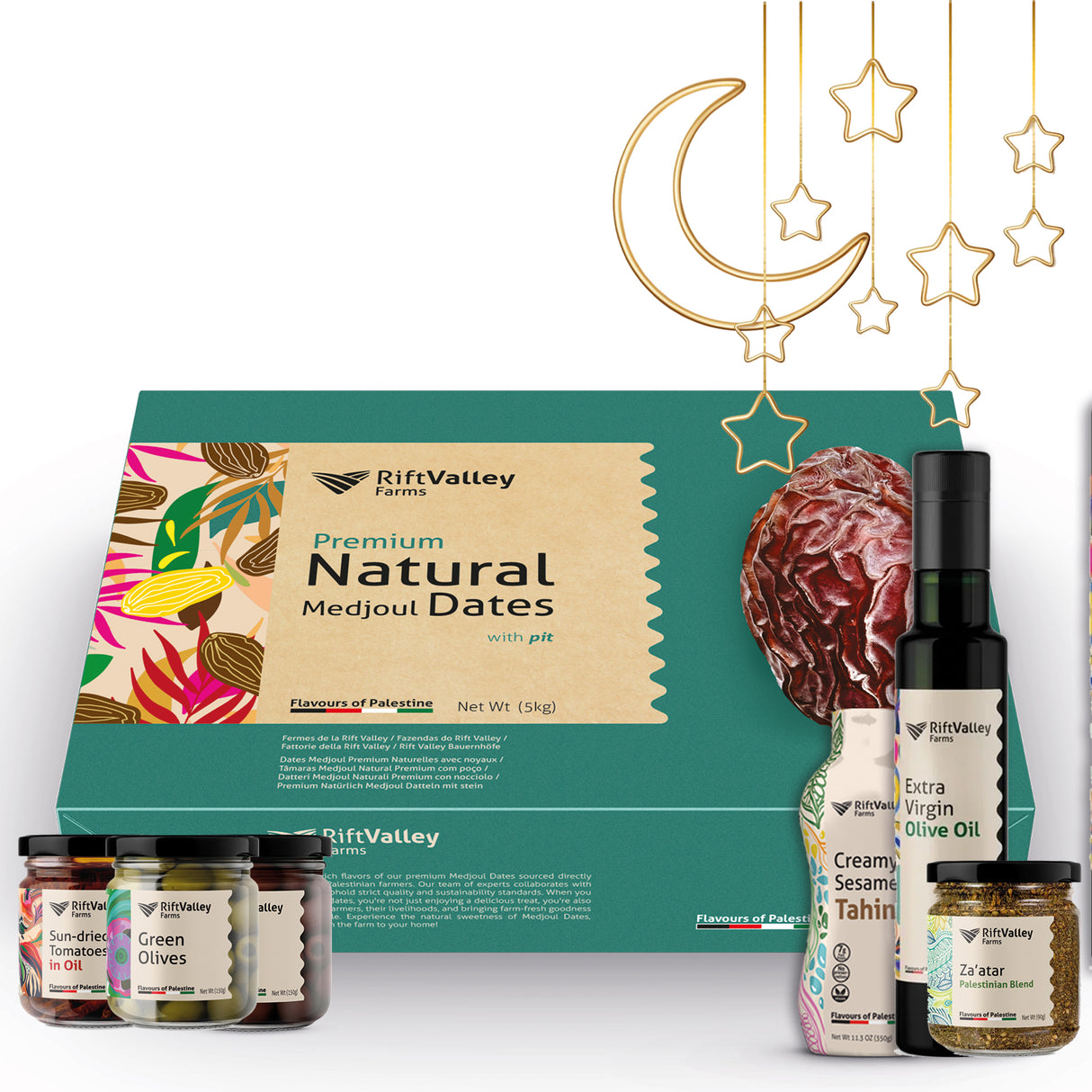 🇵🇸 Palästina Bündel: 5KG Jumbo Medjool Datteln + Tahini, Oliven Schwarz und Grün , 750ml Olivenöl, Zaatar & Getrocknete Tomaten