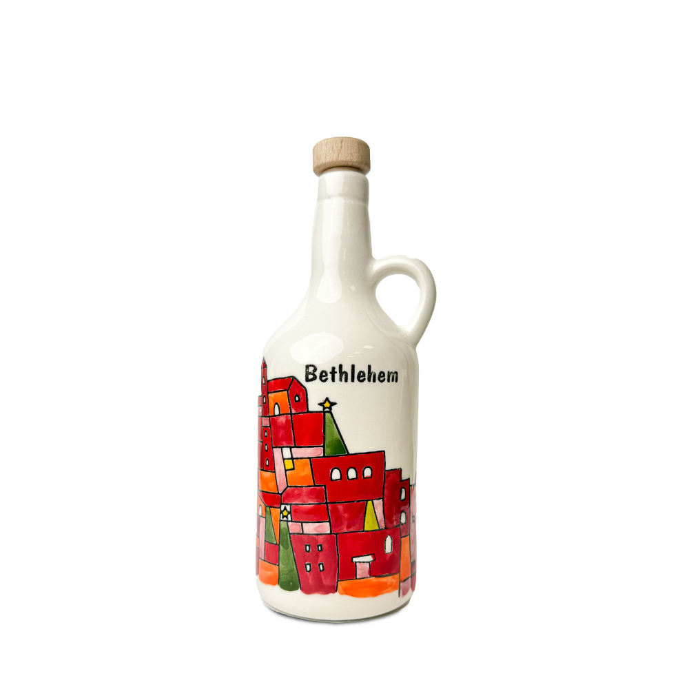 Handgemalte Keramik-Olivenölflasche aus Hebron – Limitierte Kunstedition mit Stadtmotiven aus Palästina