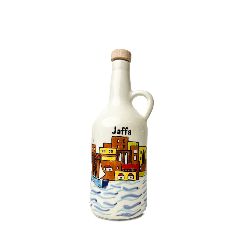 Handgemalte Keramik-Olivenölflasche aus Hebron – Limitierte Kunstedition mit Stadtmotiven aus Palästina
