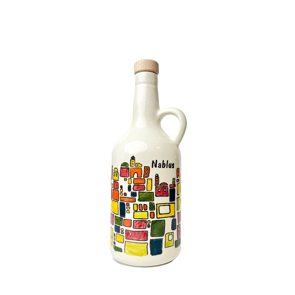 Handgemalte Keramik-Olivenölflasche aus Hebron – Limitierte Kunstedition mit Stadtmotiven aus Palästina