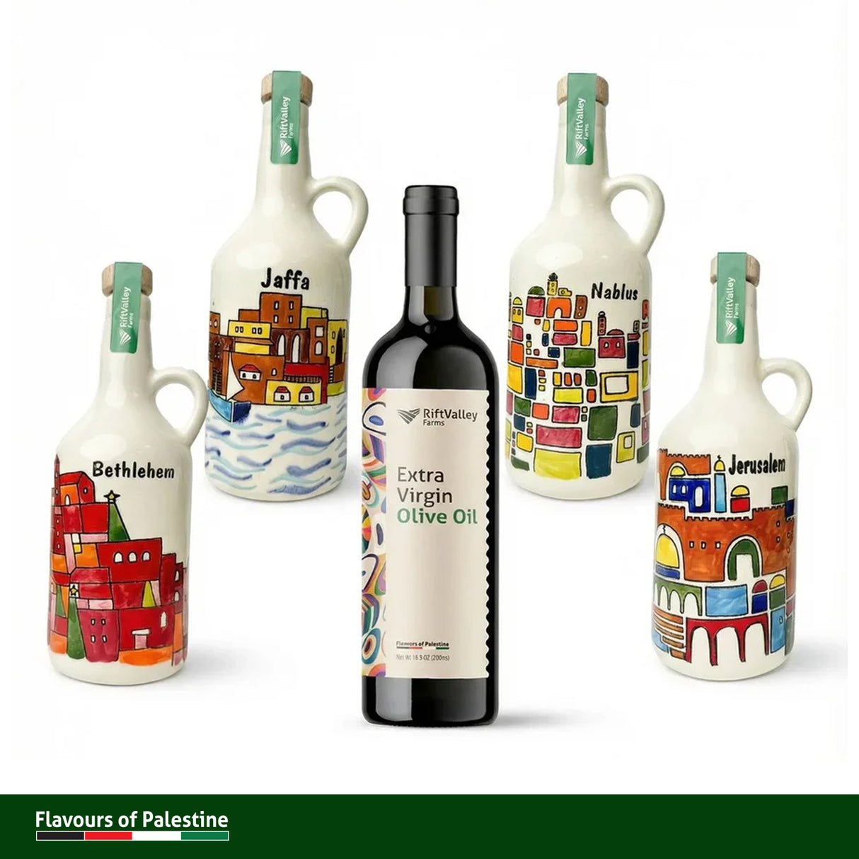Handgemalte Keramik-Olivenölflasche aus Hebron + 500 ml Olivenöl– Limitierte Kunstedition mit Stadtmotiven aus Palästina
