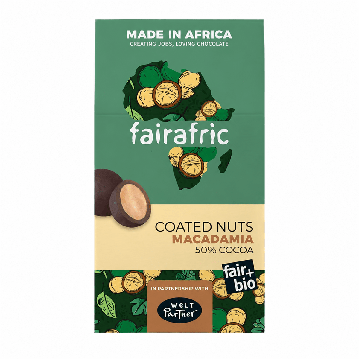 fairafric Coated Macadamia in 50 % Dark Chocolate, bio &amp; vegan – 100 g – product view 1