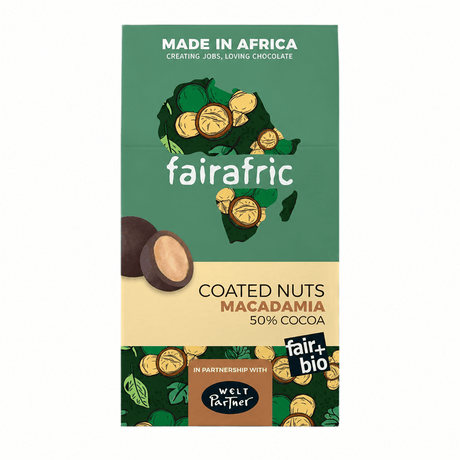 fairafric Coated Macadamia in 50 % Dark Chocolate, bio & vegan – 100 g - Rift Valley Farms EU