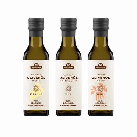 Olivenöl-Set aus Palästina: Pur, Zitrone & Chili – 3 × 100 ml - Rift Valley Farms EU